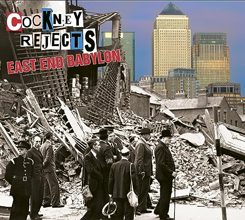 Cockney Rejects album cover: rubble, city skyline, and suited figures.