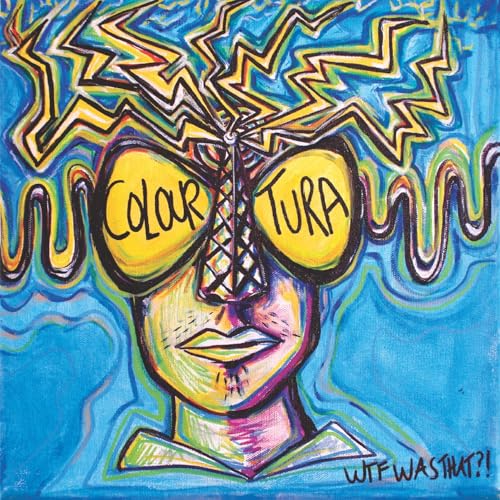 Painted face with butterfly wings and text, vibrant colors, abstract style.