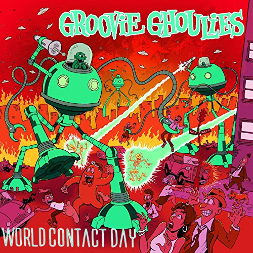 CD cover: green robots attacking a city with cartoon flames.
