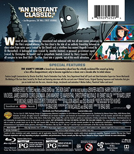 Blu-ray back cover featuring the Iron Giant and a young boy, with text details.