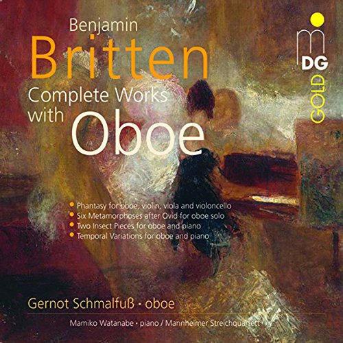 CD cover for Britten’s “Complete Works with Oboe” featuring artwork of a woman.