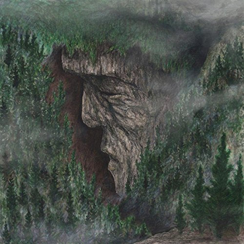 Painted rock face resembling a human profile, surrounded by trees and mist.