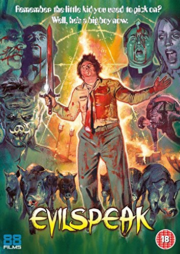 Horror movie poster featuring a man with a sword surrounded by frightening imagery.