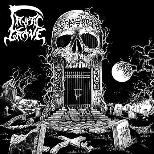 Black and white illustration of a skull-shaped mausoleum in a graveyard.