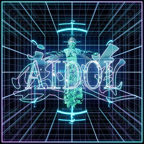 Neon grid background with a glowing, stylized figure and “AIDOL” text.
