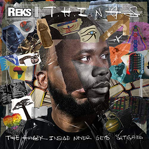 Album cover for Reks' "T.H.I.N.G.S." featuring a portrait with collage elements.