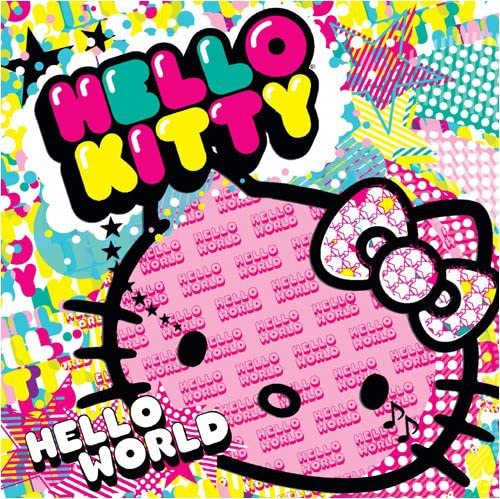 Hello Kitty’s face with colorful, patterned background and text overlay.