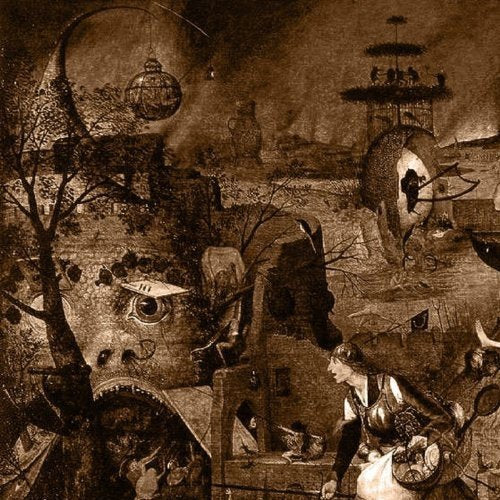 Sepia-toned, surreal landscape with towers, a large eye, and a figure.