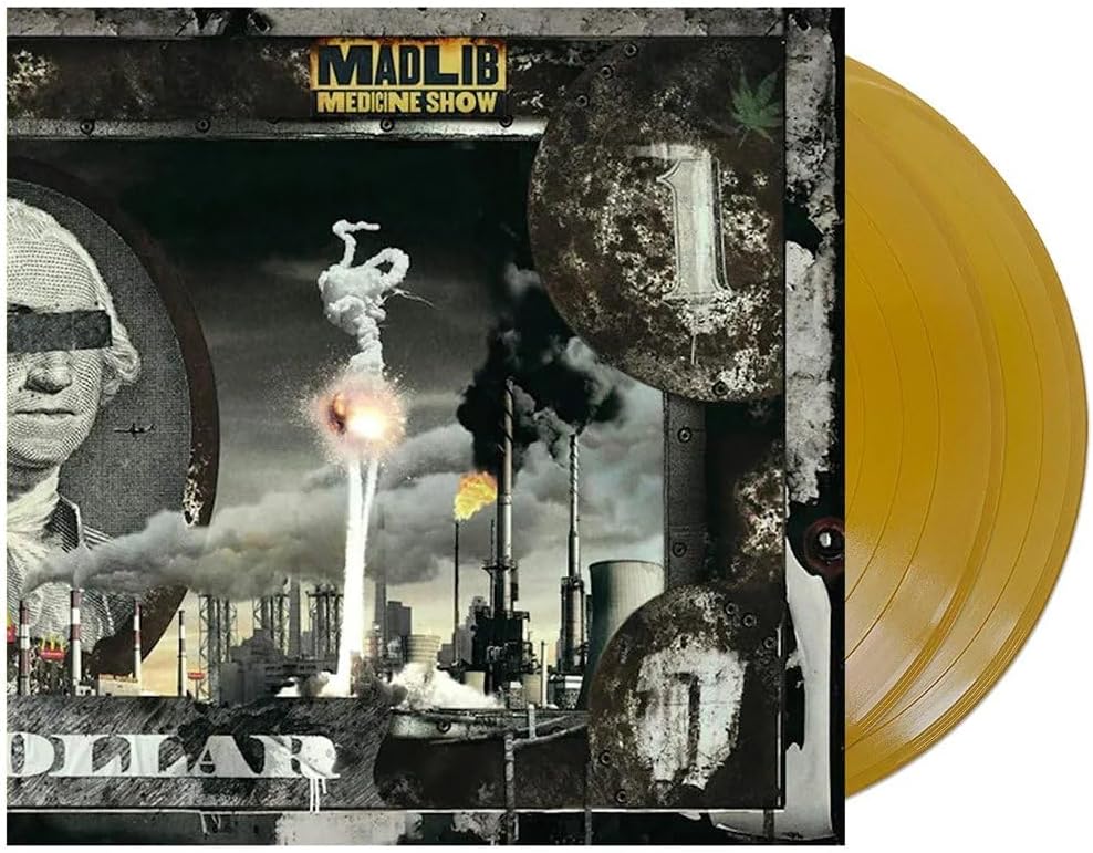 Madlib “Before The Verdict” vinyl record with industrial imagery and yellow disc.