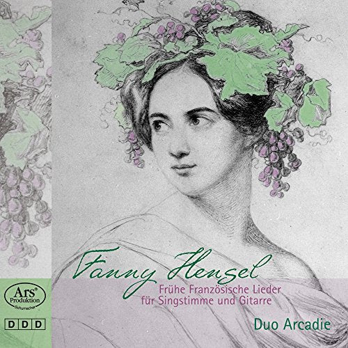 CD cover: sketched portrait of Fanny Hensel with floral wreath.