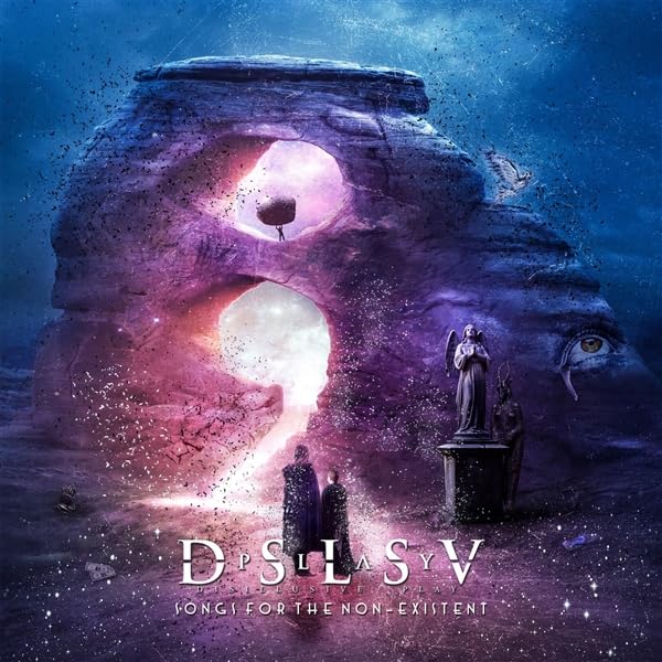 Surreal album cover featuring a rock formation, statues, and cosmic elements.