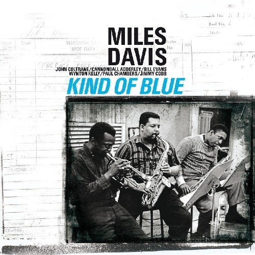 Album cover for Miles Davis Kind of Blue featuring three musicians playing jazz instruments.