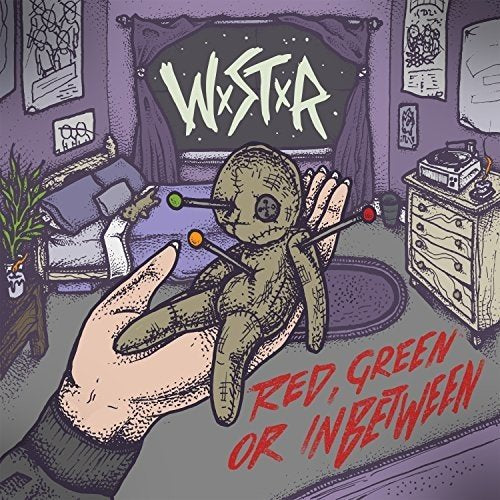 Album cover: illustrated voodoo doll with pins, room interior background.