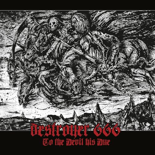 Black and white album cover with skeletal figures and band name “Destroyer 666”.