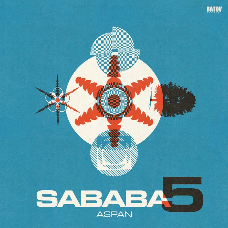 Blue album cover with abstract geometric shapes and bold red accents.