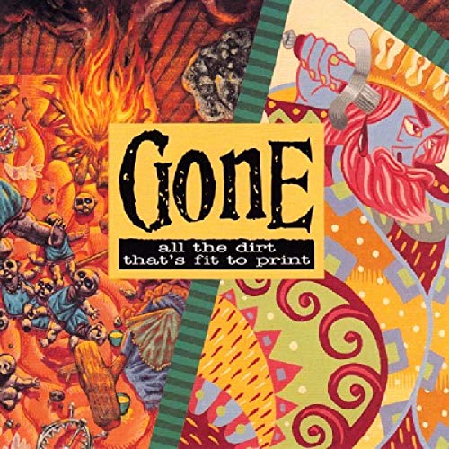 Album cover for “Gone” with collage of flames, skulls, and a dagger.