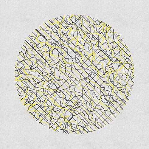 Abstract circular album art with tangled gray and yellow lines.