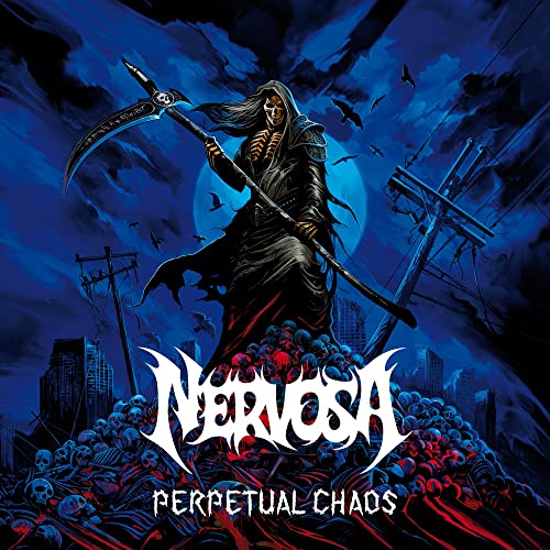 Album cover for Nervosa’s “Perpetual Chaos” featuring a grim reaper in a ruined city.
