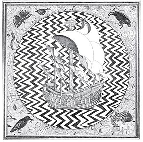 Black and white illustration of a sailing ship on zigzag waves.