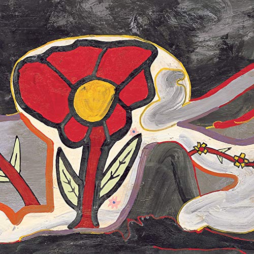 A stylized painting of a large red flower with a yellow center on black.