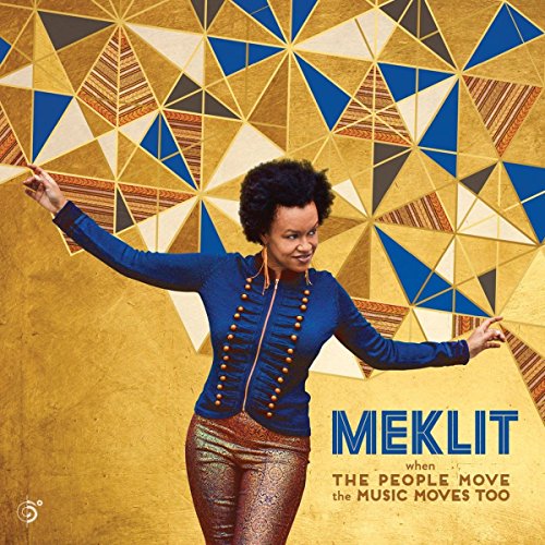 Meklit album cover with artist in blue jacket, geometric gold background.