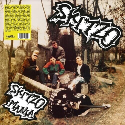Band Skitzo poses in a graveyard with instruments, album cover art.