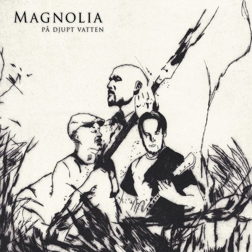 Black and white sketch of three men’s faces amidst reeds and branches.