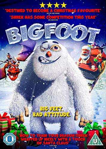 A white, furry Bigfoot character stands in a snowy scene with Santa and gifts.