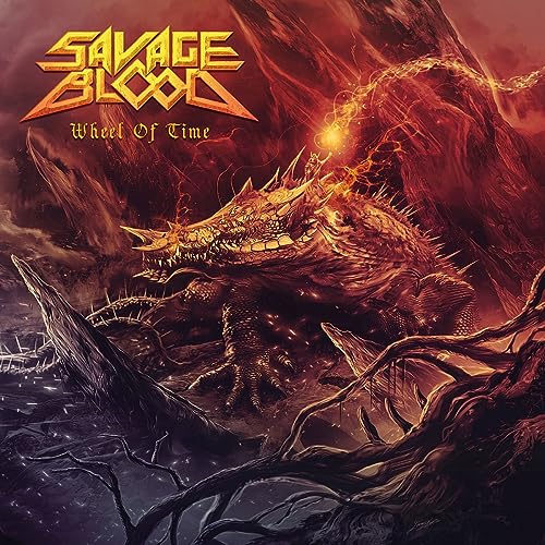 CD cover: fiery dragon amidst rocky landscape, "Savage Blood - Wheel Of Time".