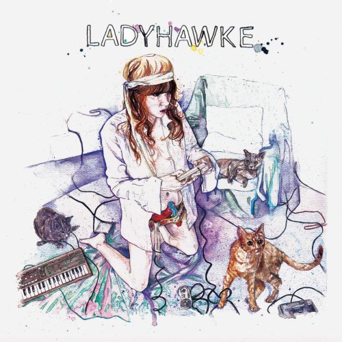 Watercolor illustration of a woman playing video games surrounded by cats and music equipment.