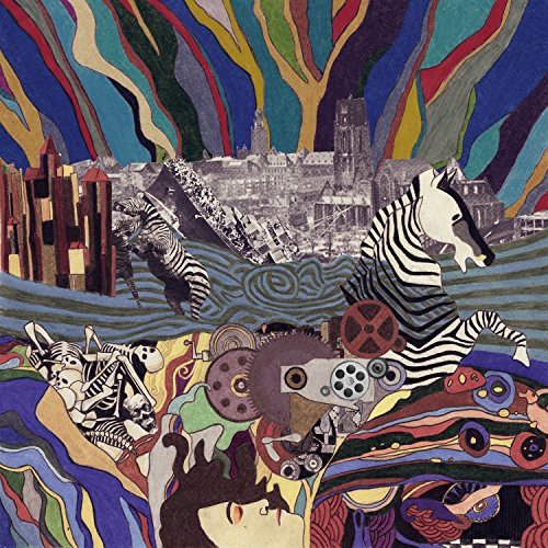 Surreal album cover with zebras, cityscapes, and colorful, swirling patterns.