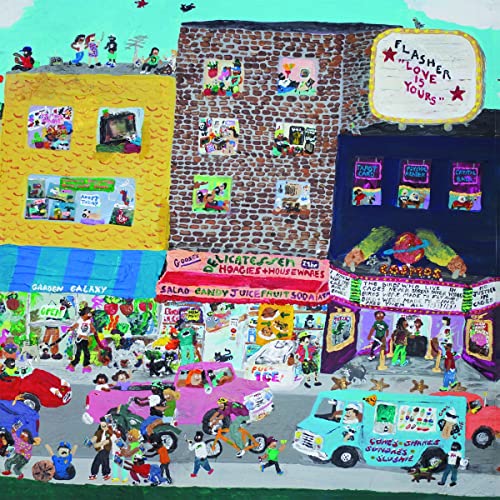 Painted vinyl record cover depicting a colorful, bustling city street scene.