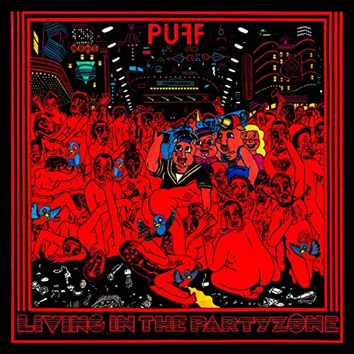 Red illustrated vinyl album cover depicting a crowded, chaotic party scene.