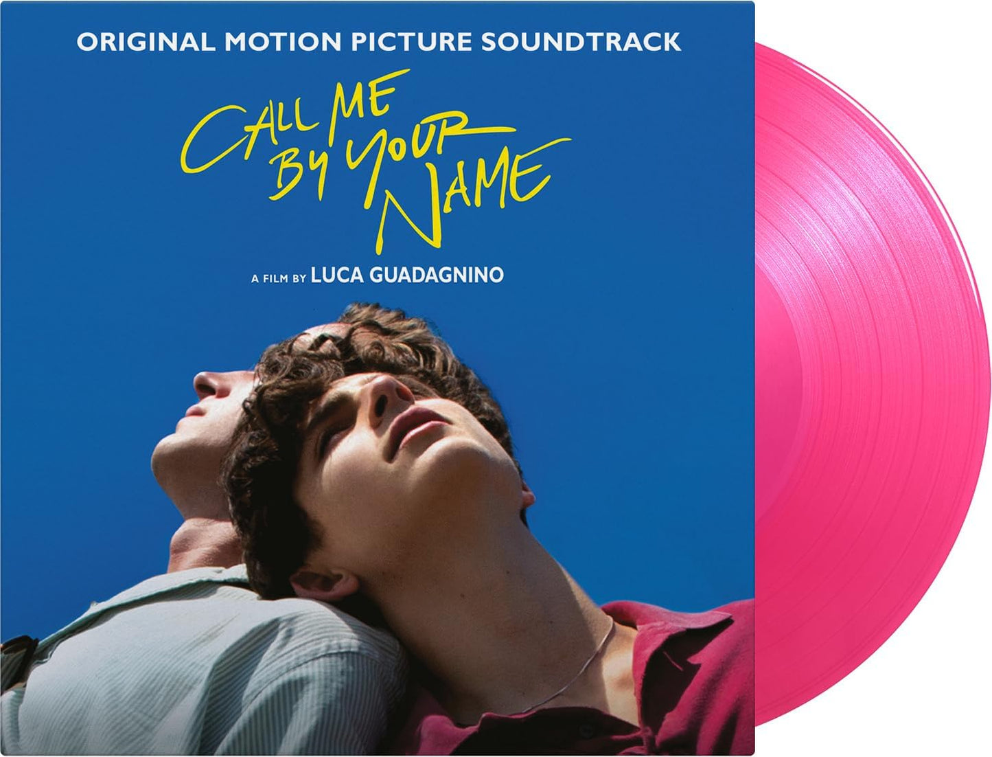 âCall Me By Your Nameâ soundtrack vinyl record, translucent pink, with cover art.