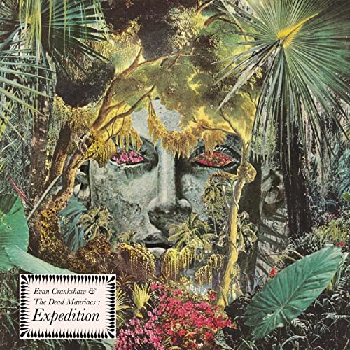 Collage of a face obscured by lush, tropical foliage and flowers.