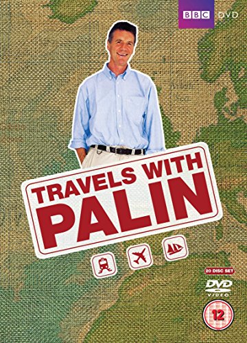 Michael Palin stands over a map background on the Travels With Palin DVD cover.