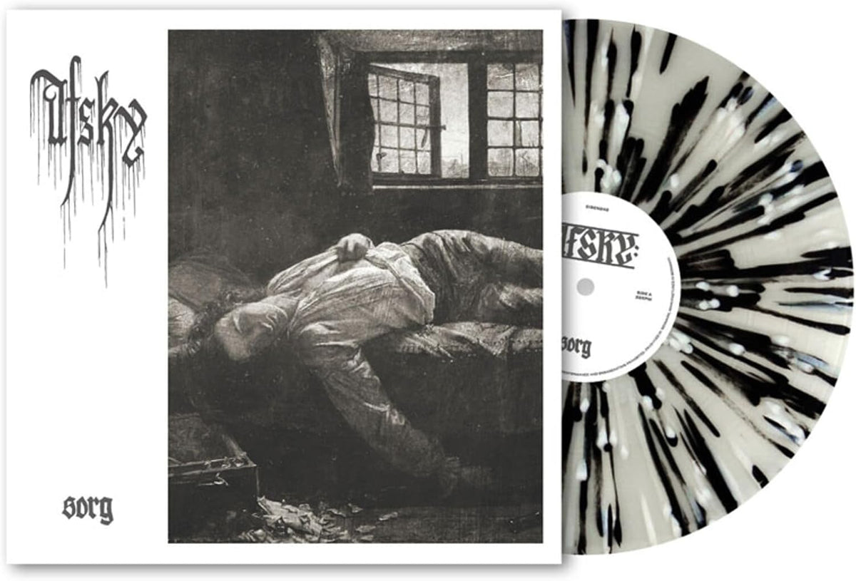 Afsky - Sorg vinyl record with black splatter and somber cover art.