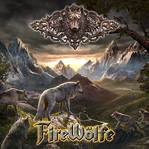 CD cover with wolves in a mountainous landscape, ornate wolf emblem.