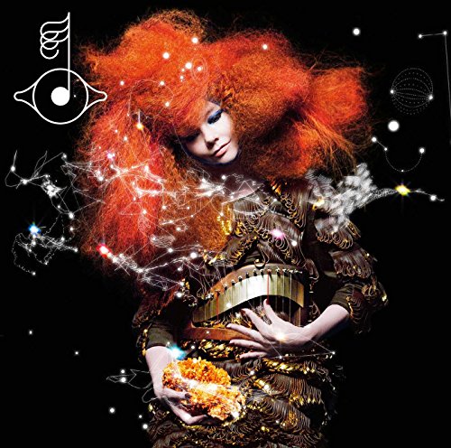 Björk with fiery red hair and constellations, album cover art.