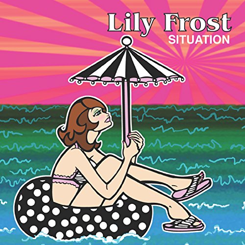 CD cover: woman in polka dot tube, holding striped umbrella.