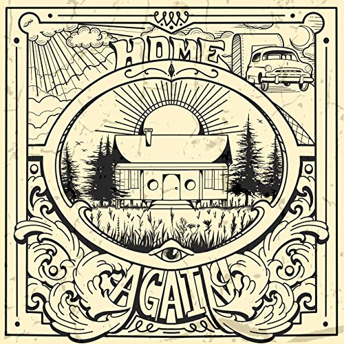 Vintage-style album cover with a cabin, car, and sunburst design.