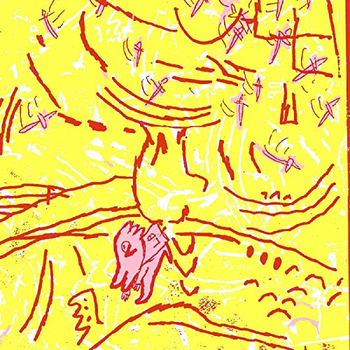 Yellow abstract art with red lines and a pink figure.