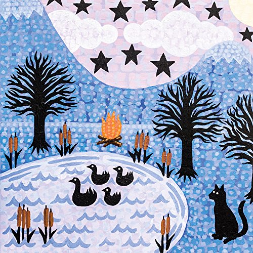 Painted landscape with trees, ducks, a campfire, and a black cat.