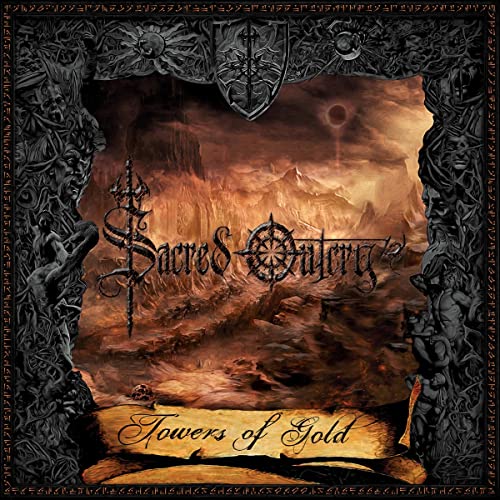 Dark fantasy album cover for "Sacred Outcry - Towers Of Gold" CD.