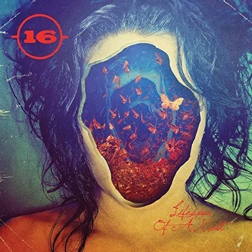 Vinyl album cover with a face-shaped opening filled with moths.
