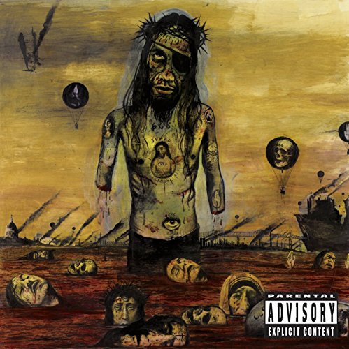 Slayer album cover: a distorted figure with a crown of thorns, fiery background.
