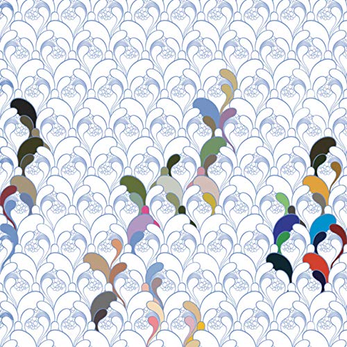 Abstract pattern of blue swirls and colorful, stylized bird shapes.