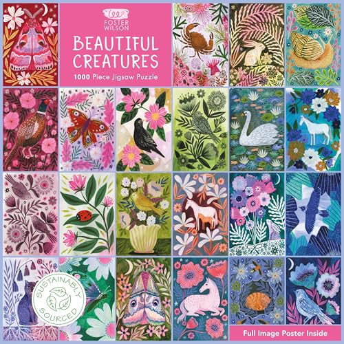 A 1000-piece jigsaw puzzle box featuring a grid of various illustrated animals and flowers.