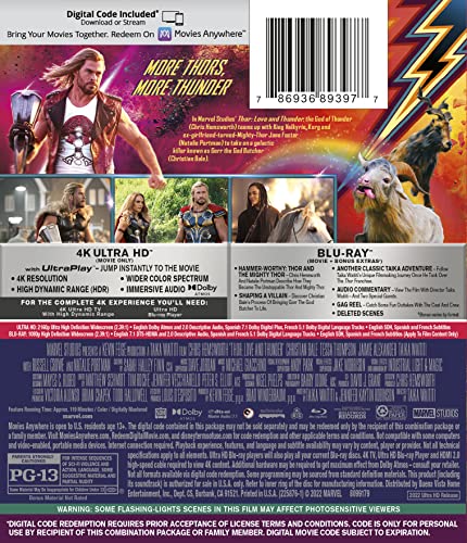 Blu-ray case for "Thor: Love & Thunder" featuring characters and lightning.