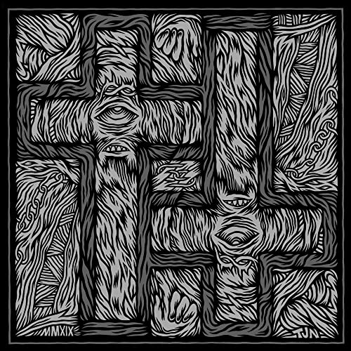 Black and white abstract illustration of multiple faces and eyes.